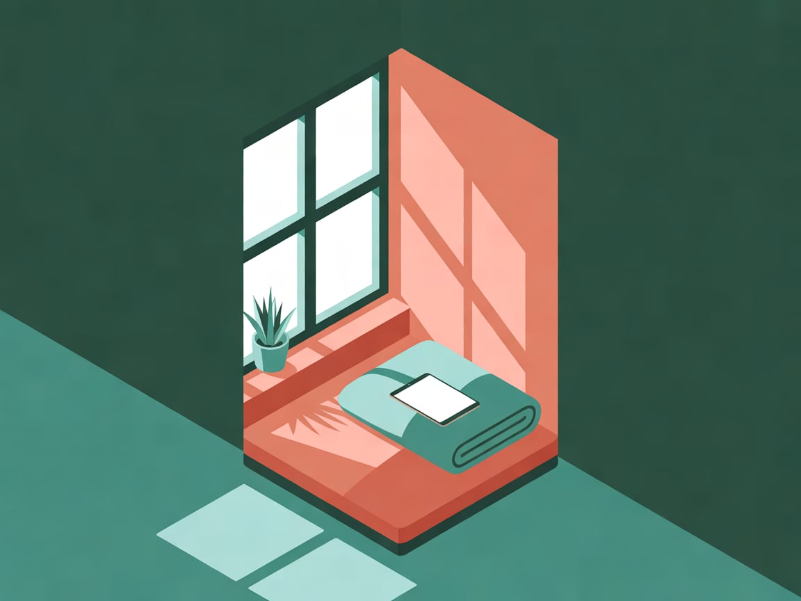 Clean isometric 3D illustration of a cozy window seat with a folded blanket, a tablet resting on a cushion and a small p