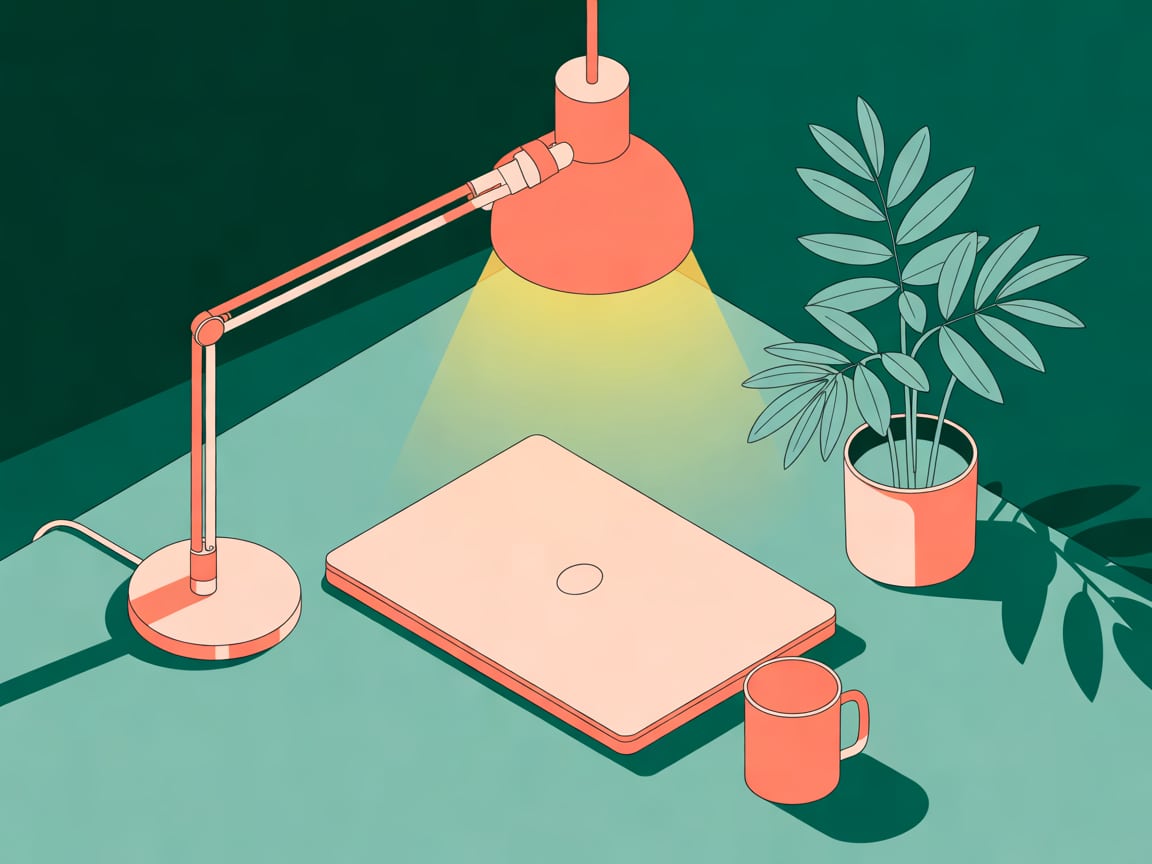 Clean isometric 3D illustration of a quiet home desk corner with a closed laptop, a small desk lamp glowing, a ceramic m