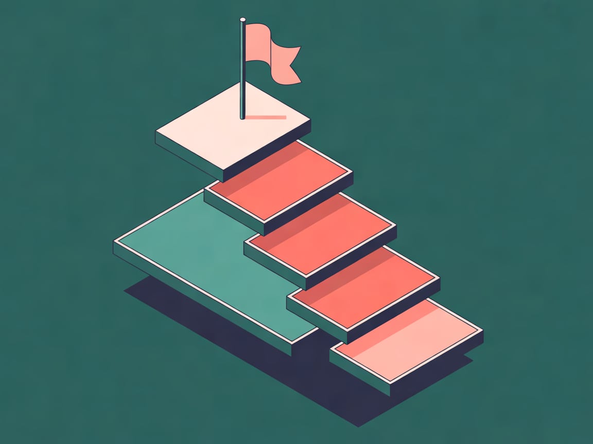 Clean isometric 3D illustration of five stacked square tiles rising like a small staircase toward a tiny flag on top, de
